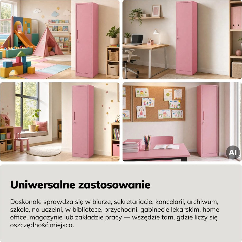 Szafa biurowa metalowa na akta, wąska, pudrowy róż, 450x1850x400 mm: ALEX Fresh Style