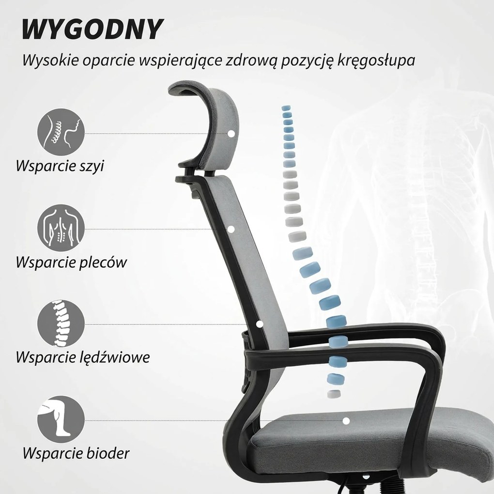 HOMCOM Krzesło biurowe z miękkim oparciem, kołami, podłokietnikami, regulowaną wysokością, wełna sztuczna, Szary