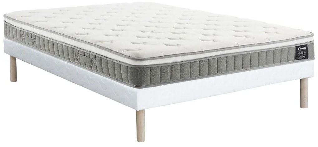 Zestaw 140 x 190 cm: tapicerowany stelaż + materac ze sprężynami kieszeniowymi i warstwą pianki z pamięcią kształtu, grubość 21 cm – VITOGO od YSMÉE