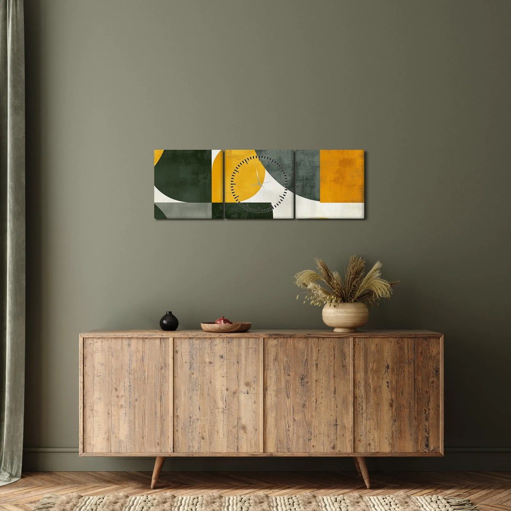 Obraz - Abstrakcja w oliwkowym kolorze (z zegarem) (90x30 cm)