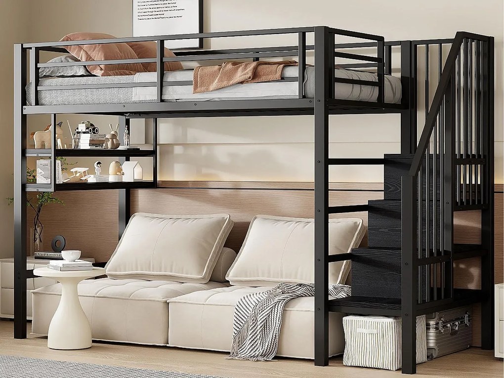 Łóżko mezzanine 90x200cm - z drabiną do przechowywania - z barierkami - czarne (bez materaca)