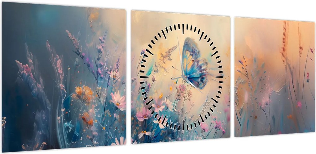Obraz - Łąka z motylem (z zegarem) (90x30 cm)