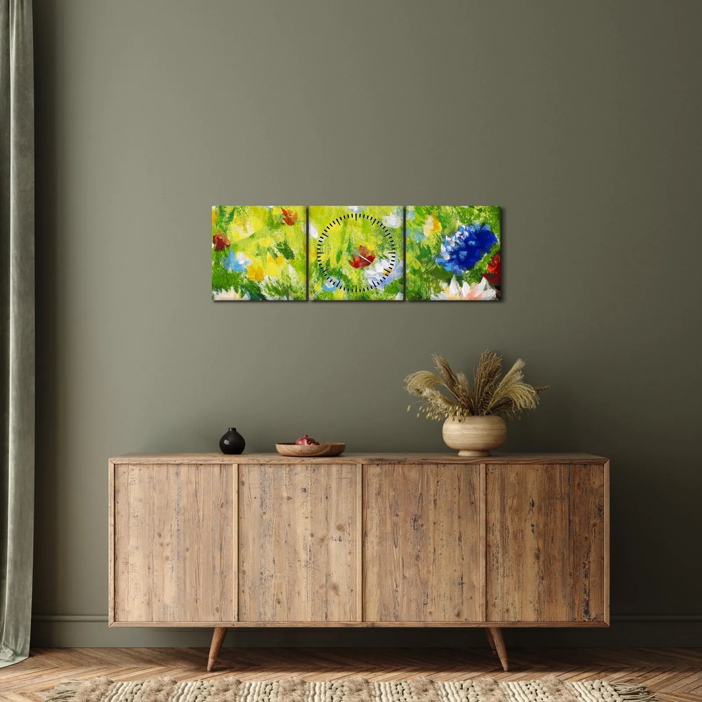 Obraz kwitnącej łąki, obraz olejny (z zegarem) (90x30 cm)