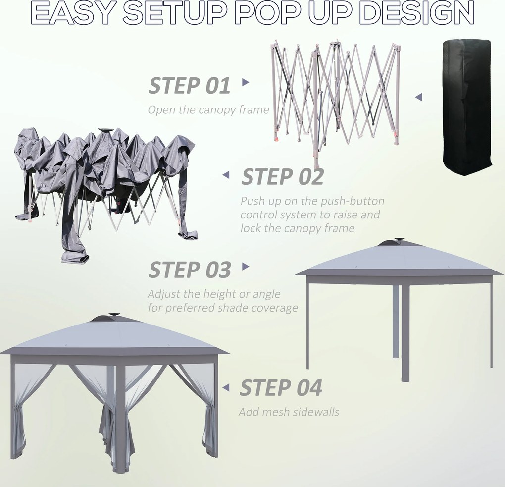 Outsunny 3,3 x 3,3 m Faltpavillon z oświetleniem LED, siatkowymi zasłonami, torbą transportową, Szary