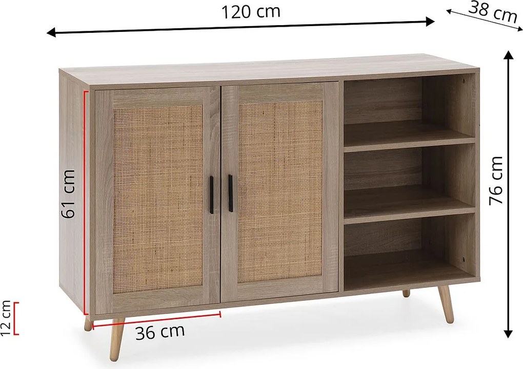 Bufet kolumnowy Dalia z 2 drzwiami i 3 wnękami, kolor dąb, długość 120 cm.
