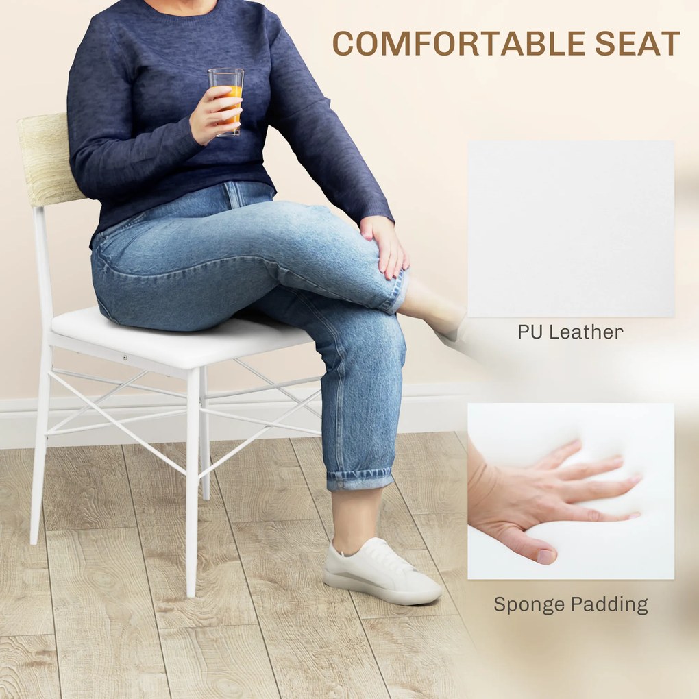 HOMCOM 4-częściowy zestaw stołowy z krzesłami i ławką na 4 osoby, siedzenia tapicerowane, stalowy stelaż, drewno, Biały