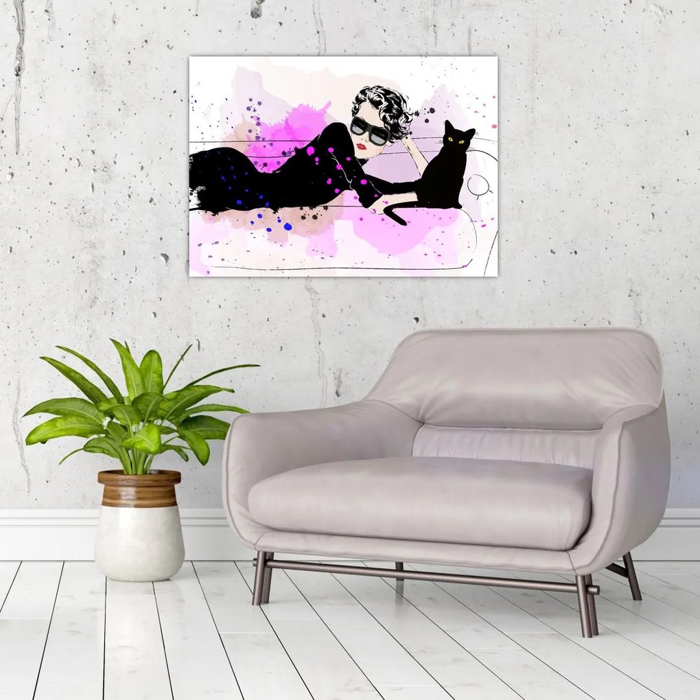 Obraz - Kobieta z czarnym kotem (70x50 cm)