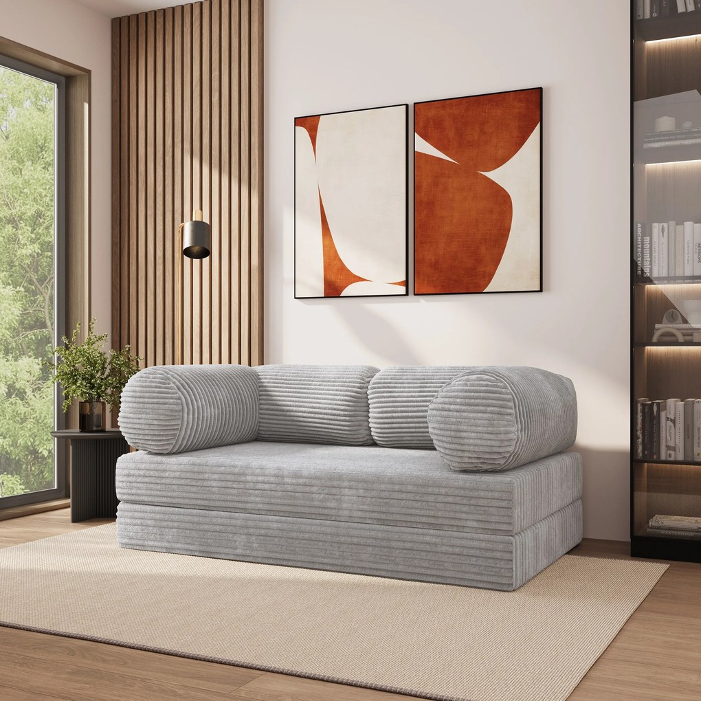 Masseno Sofa piankowa ALVIO z funkcją spania, Kanapa z pianki do salonu, Bezmontażowa, Tkanina sztruksowa – Jasnoszary TILIA 86