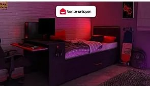 Łóżko wysuwane gamer 90 x 200 i 90 x 190 cm – z biurkiem – oświetlenie LED – kolor antracytowy i czerwony – VOUANI