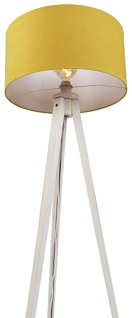 Lampa podłogowa trójnóg biała z żółtym materiałowym abażurem 50 cm - Tripod Classic Rustykalny / Vintage Oswietlenie wewnetrzne