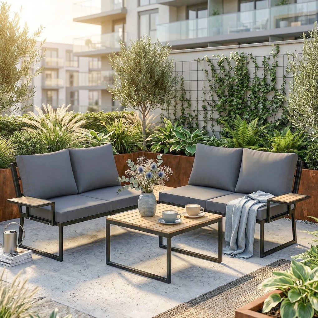 Outsunny Zestaw Mebli Ogrodowych w L Z Metalową Konstrukcją dla 4 Osób z 2 Sofami i Poduszkami oraz 2 Stolikami w Kolorze Teak | Aosom PL