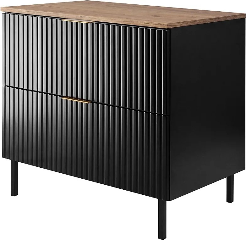 Szafka pod umywalkę, czarna, dąb Craft + złoty uchwyt, 80 x 77 x 46 cm, czarne nogi + blat