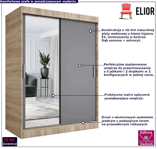 Szafa przesuwna z lustrem 150 cm dąb sonoma + antracyt - Seko 4X