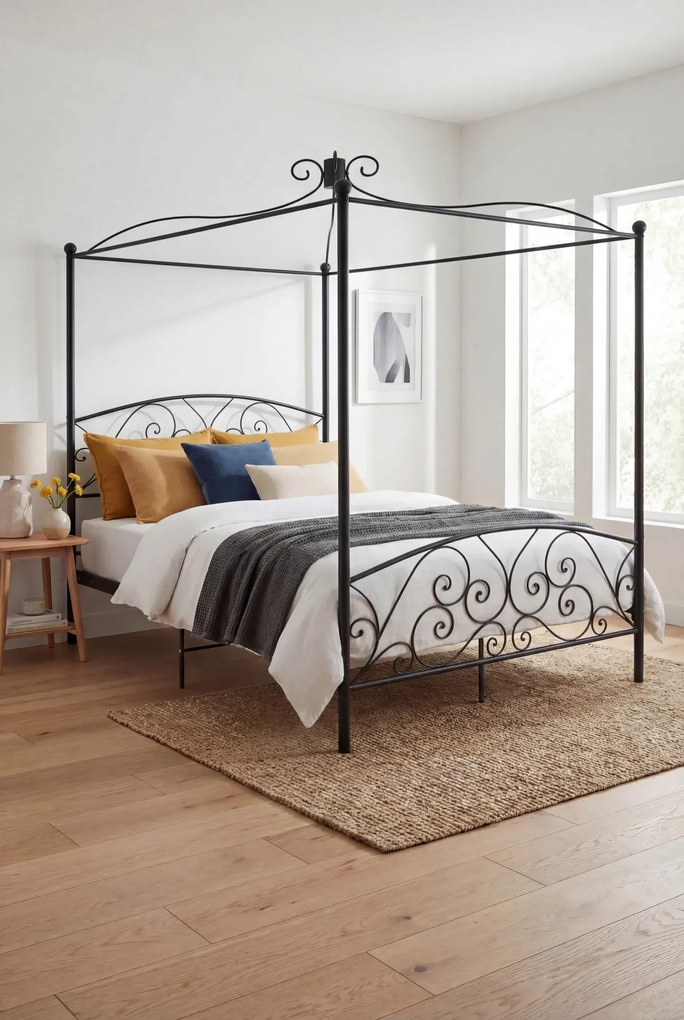 Czarne metalowe łóżko z baldachimem 120x200 cm B0-B23