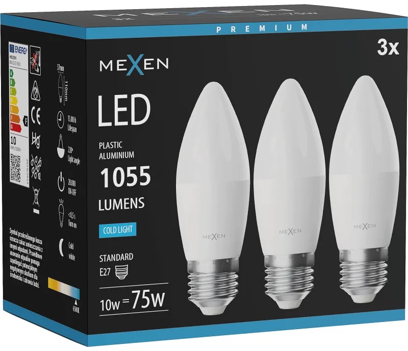 Mexen Nova 3x żarówka LED E27, C37, 10W, Zimna - 6500K, 1055 lm - L102-E27-1065-01x03