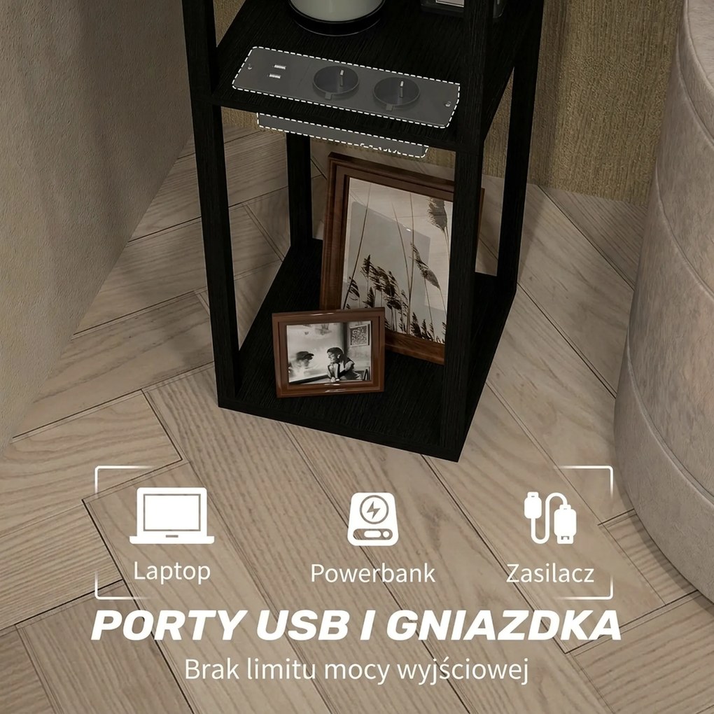 HOMCOM Lampa Stojąca z 3-Poziomową Półką, Przełącznikiem Nożnym, Portami USB, MDF, Czarny