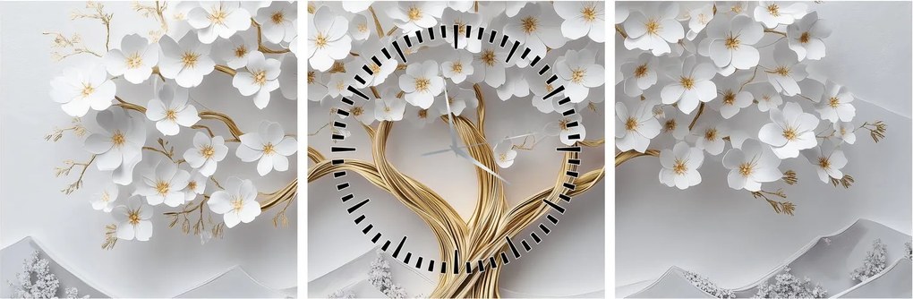 Obraz – Eleganckie drzewo życia 3D pełne kwiatów (z zegarem) (90x30 cm)