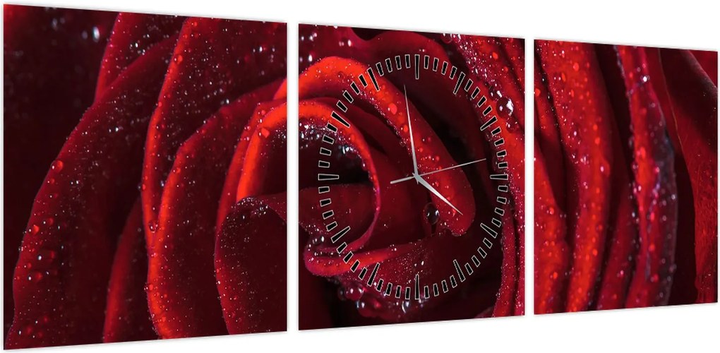 Obraz - Czerwona róża z kroplami rosy (z zegarem) (90x30 cm)
