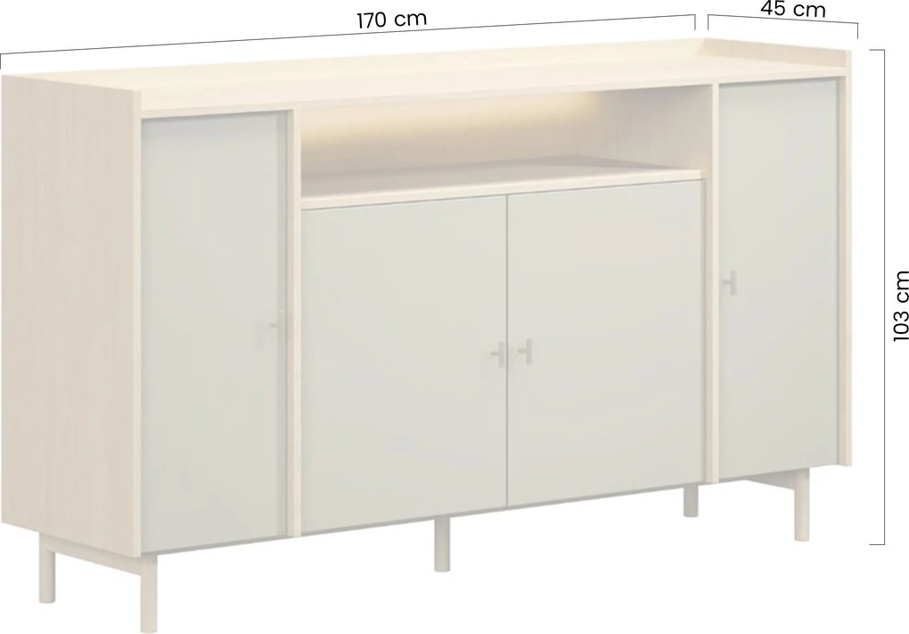 Komoda czterodrzwiowa z wnęką Sumira 170 cm - eukaliptus / dąb baltic dune / stelaż metalowy - Wyprzedaż ekspozycji