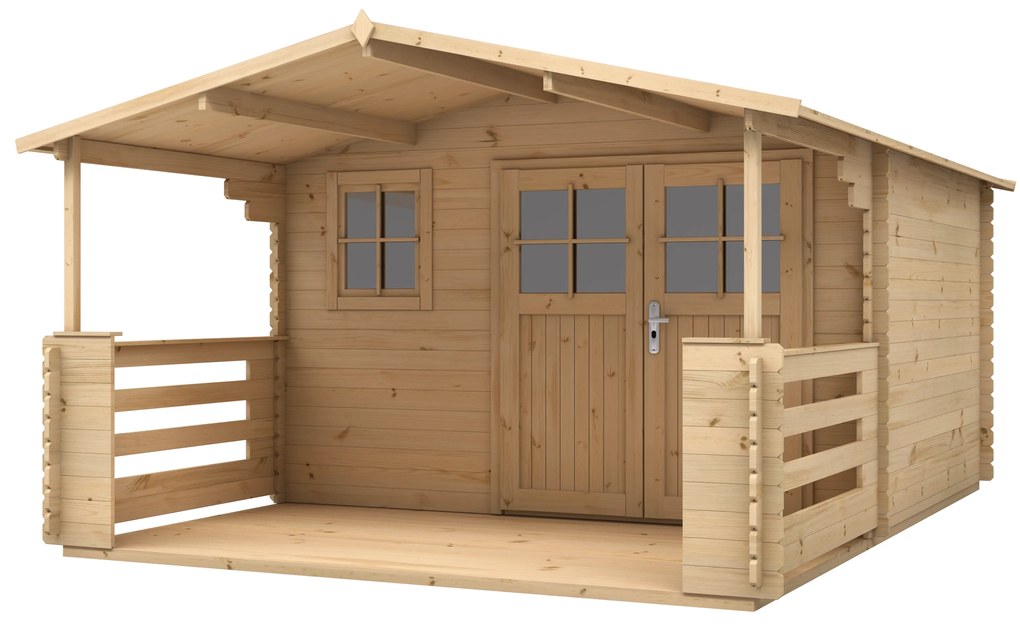 DREWNIANY DOMEK 348 x 298 cm OGRODOWY AGAWA ZE ŚWIERKU – Z TARASEM I ZADASZENIEM, DWUSKRZYDŁOWE DRZWI