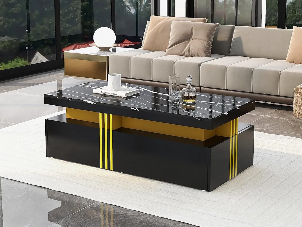 Stolik kawowy z 2 szufladami - blat w marmurowy wzór - styl skandynawski - Czarny