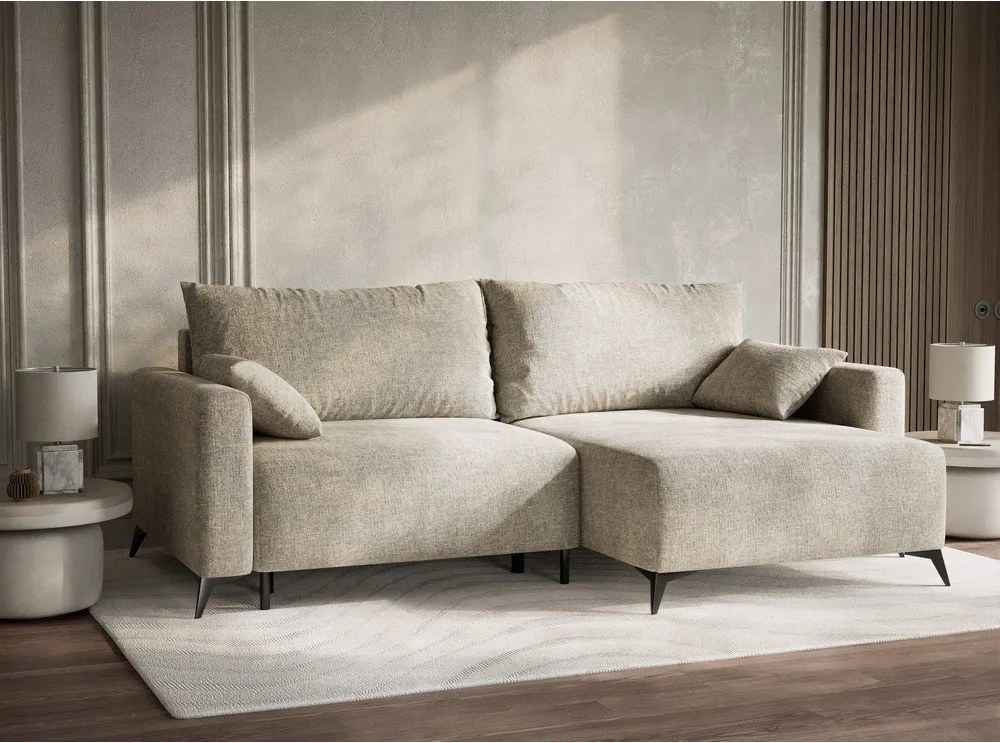 Beżowy rozkładany/ze schowkiem narożnik z tkaniny szenilowej (prawostronny/z szezlongiem) Leon – Maison de Rêve