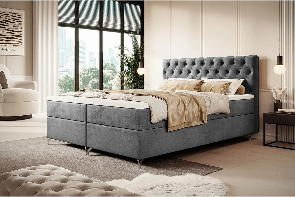 BEDANTE Łóżko CHESTER 180x200 Monolith 92, Szare, pojemnik, chromowane nogi, małżeńskie, topper, materac, bonell, tapicerowane, MONOLITH