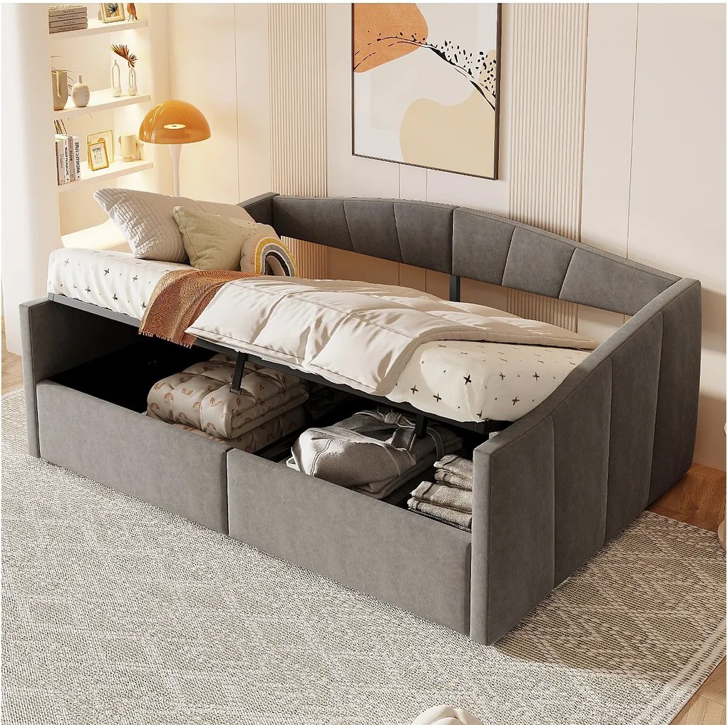 Tapicerowana sofa z funkcją spania dla dwóch osób - 140 x 200 cm - z hydraulicznym schowkiem + podłokietnikami - aksamit + metal + sklejka + MDF - szary