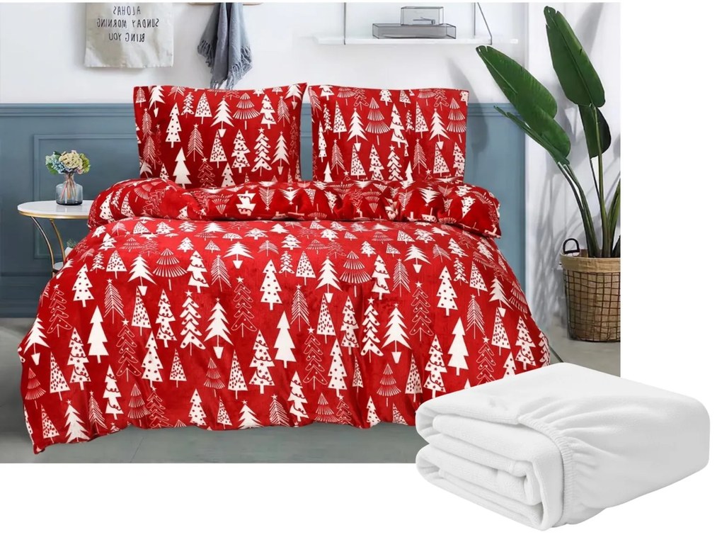 PrzytulneMieszkanie.pl PrzytulneMieszkanie.pl PrzytulneMieszkanie.pl Zestaw pościeli z mikropluszu CHRISTMAS TREES czerwony + prześcieradło z mikropluszu SOFT 180x200 cm biały, łóżko podwójne