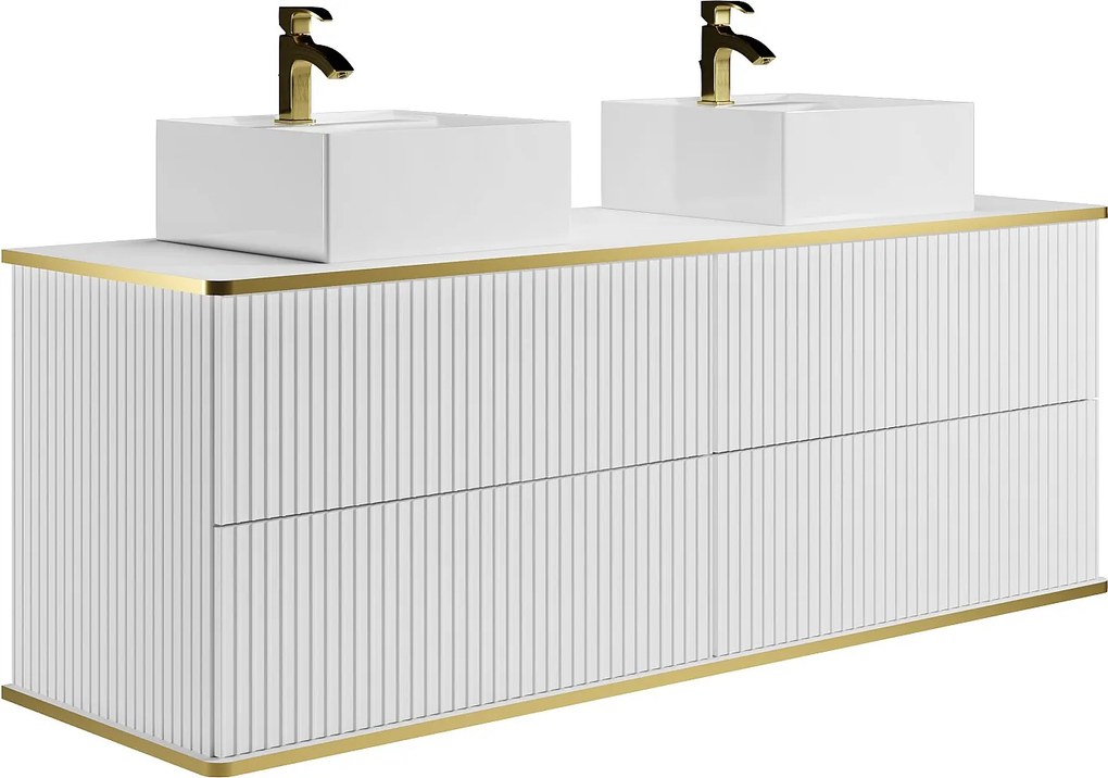 Szafka łazienkowa wisząca  ryflowana ze złotą listwą i dwoma kwadratowymi umywalkami nablatowymi - Biały - 150 cm - KELIZA