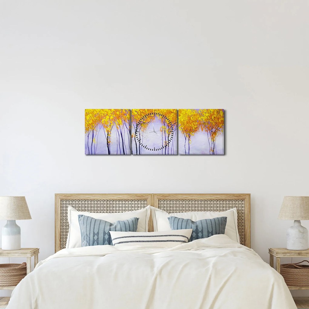 Obraz żółtych drzew (z zegarem) (90x30 cm)
