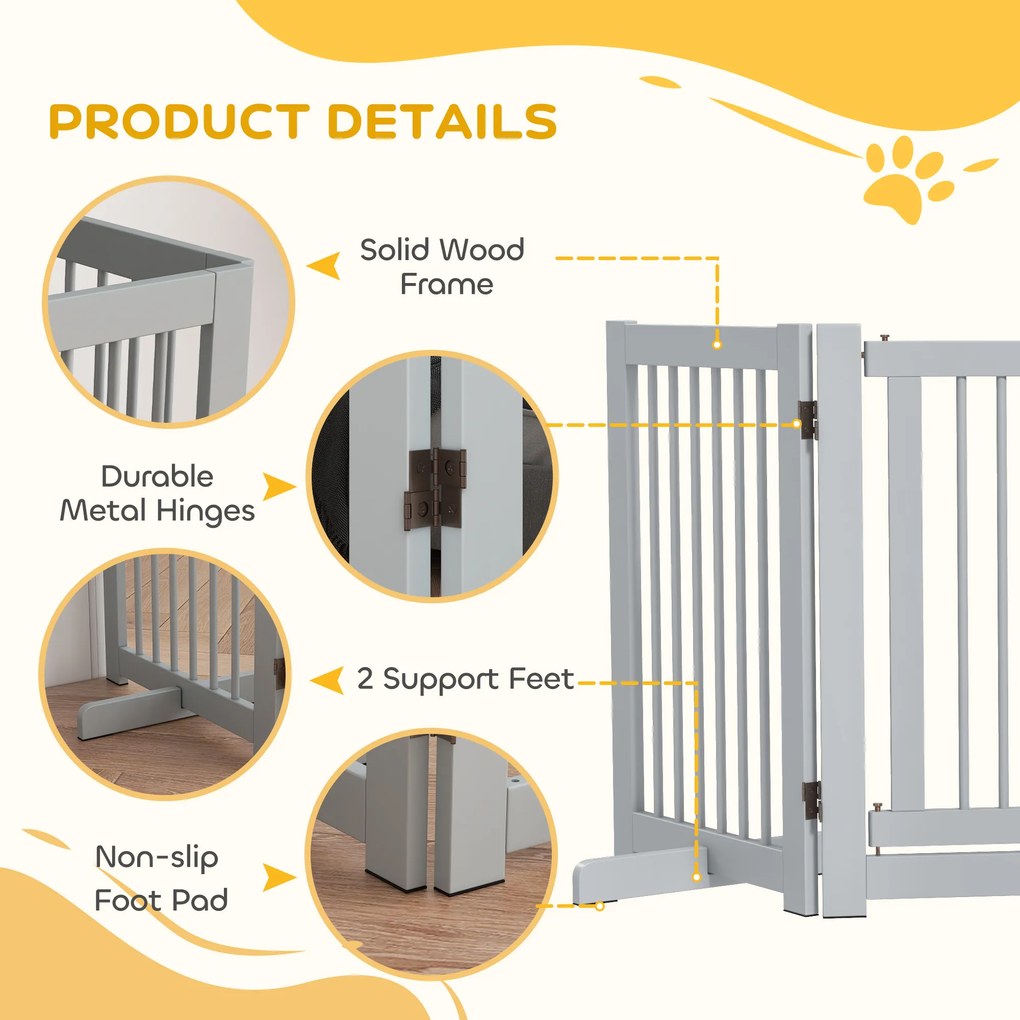 PawHut Bramka dla psa wolnostojąca 4 panele elastyczna drewno sosnowe jasnoszara | Aosom PL