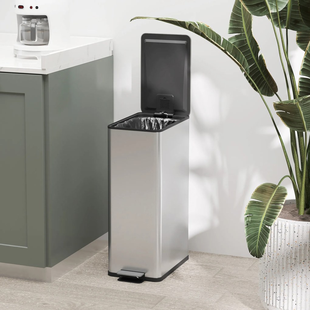 HOMCOM Kosz na śmieci 20L, ciche zamykanie, przegródka na odświeżacz, odporny na odciski, stal nierdzewna, srebrny