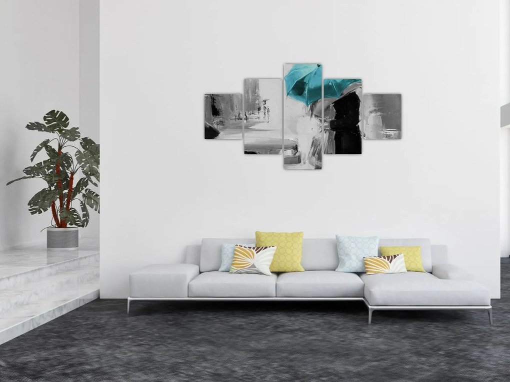 Obraz - Zakochana para z parasolem, niebieski (125x70 cm)