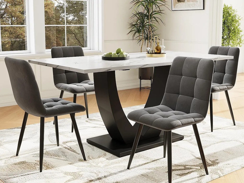 Stół z 4 krzesłami - Blat MDF, metalowa konstrukcja i aksamitne poduszki - Biały i Czarny