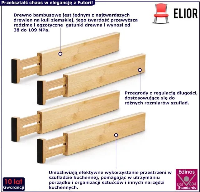 Zestaw 4 Bambusowych Przegród Do Szuflady L3-C18