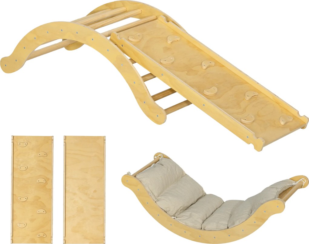 AIYAPLAY Zestaw wspinaczkowy dla dzieci, design 4 w 1 z mostkiem łukowym, huśtawką, poduszką, rampą zjeżdżalnią, do użytku wewnętrznego, Drewno