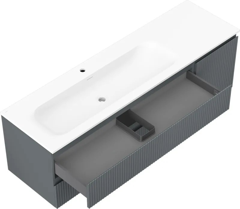 Mexen Rivel szafka łazienkowa 160 cm z umywalką Vela lewą, 2S, 1D, ryflowana, grafit/biała mat - 91A23-16047-3-BBFFF66-W23L01