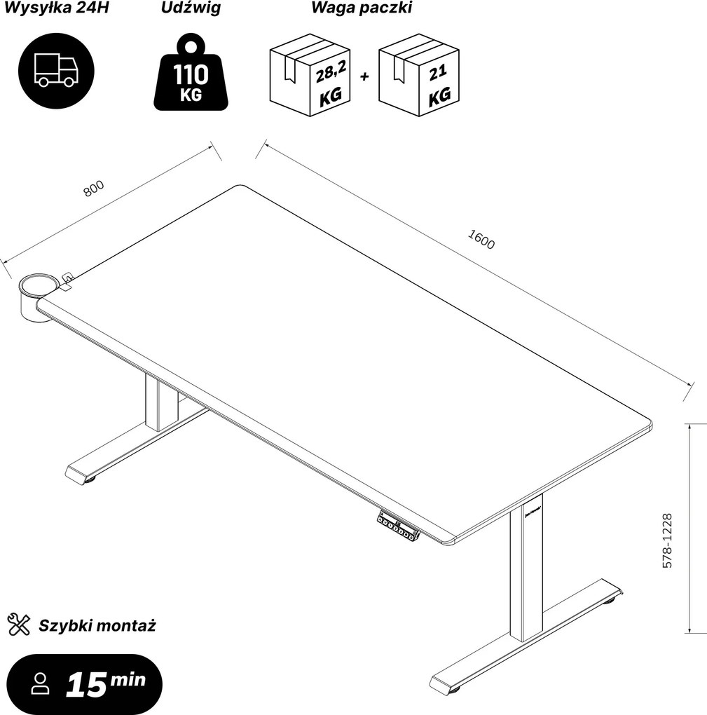 Biurko elektryczne z regulacją wysokości ergonomiczne antracytowe,1600x800 mm: ARIA