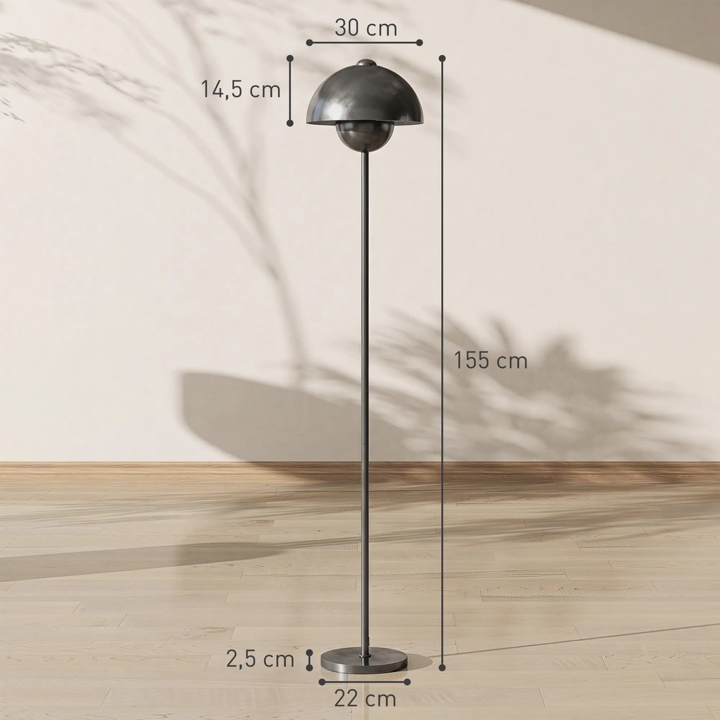 HOMCOM Lampa stojąca, okrągły klosz, włącznik nożny, długi kabel, elegancki wygląd, metal, szary | Aosom PL
