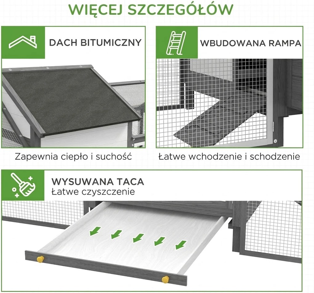 PawHut Kurnik dla małych zwierząt 2 wybiegi zewnętrzne, 1 gniazdo, 2 rampy, dach asfaltowy, odporny na warunki atmosferyczne, Szary