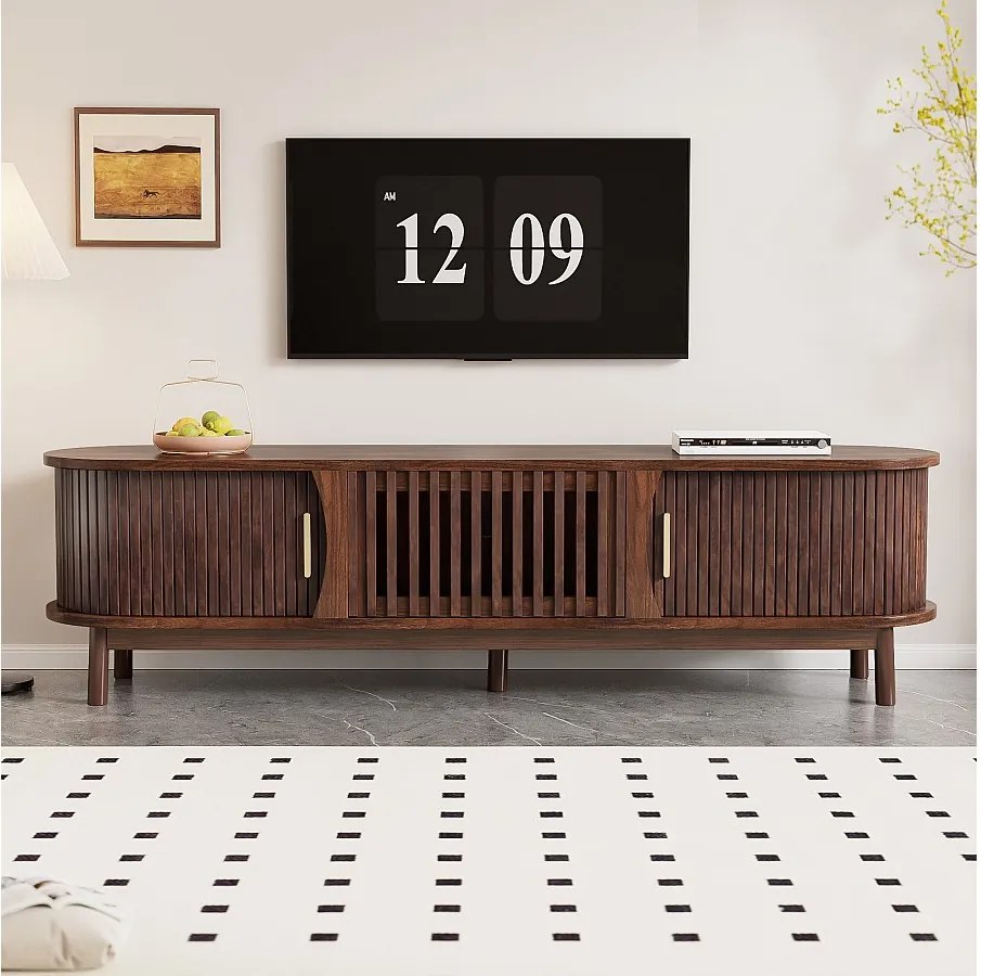 Niski stojak pod TV - 165 x 39,5 x 46 cm - z 2 drzwiami przesuwnymi + 1 opuszczanymi - MDF - brązowy