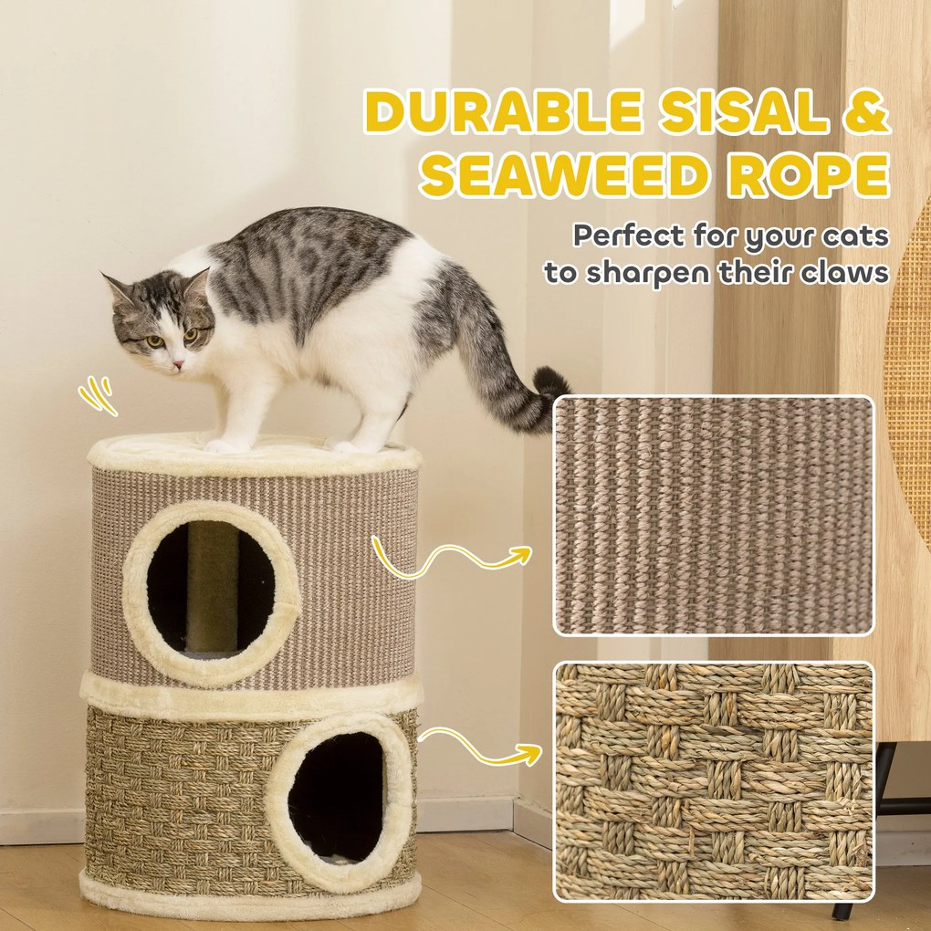 PawHut Beczka do drapania, wysokość 49 cm, Ø35,5 cm dwupoziomowa beczka z obszyciem z pluszu mata do drapania, 2 kryjówki Khaki+Kawowy