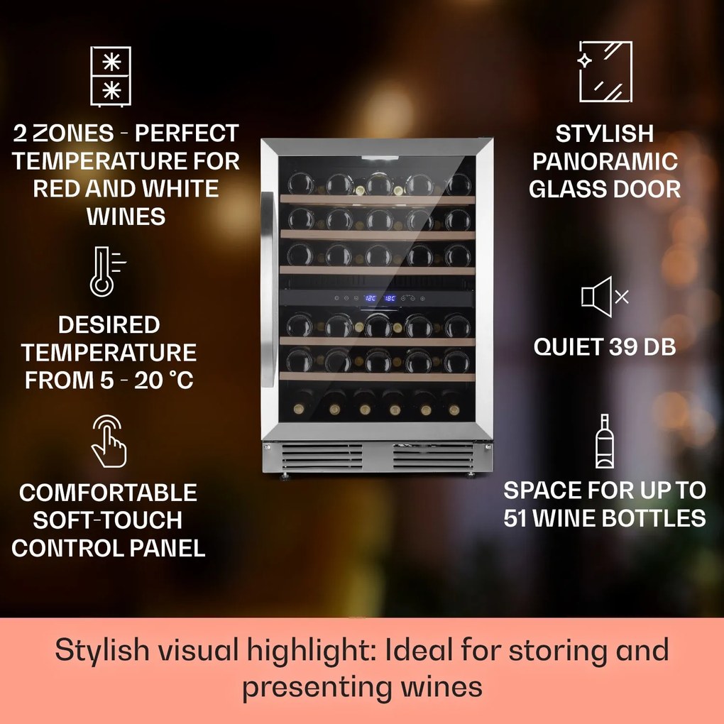 Klarstein Vinovilla 59.5cm 51 Butelek Winiarka Podblatowa Dwustrefowa Srebrny