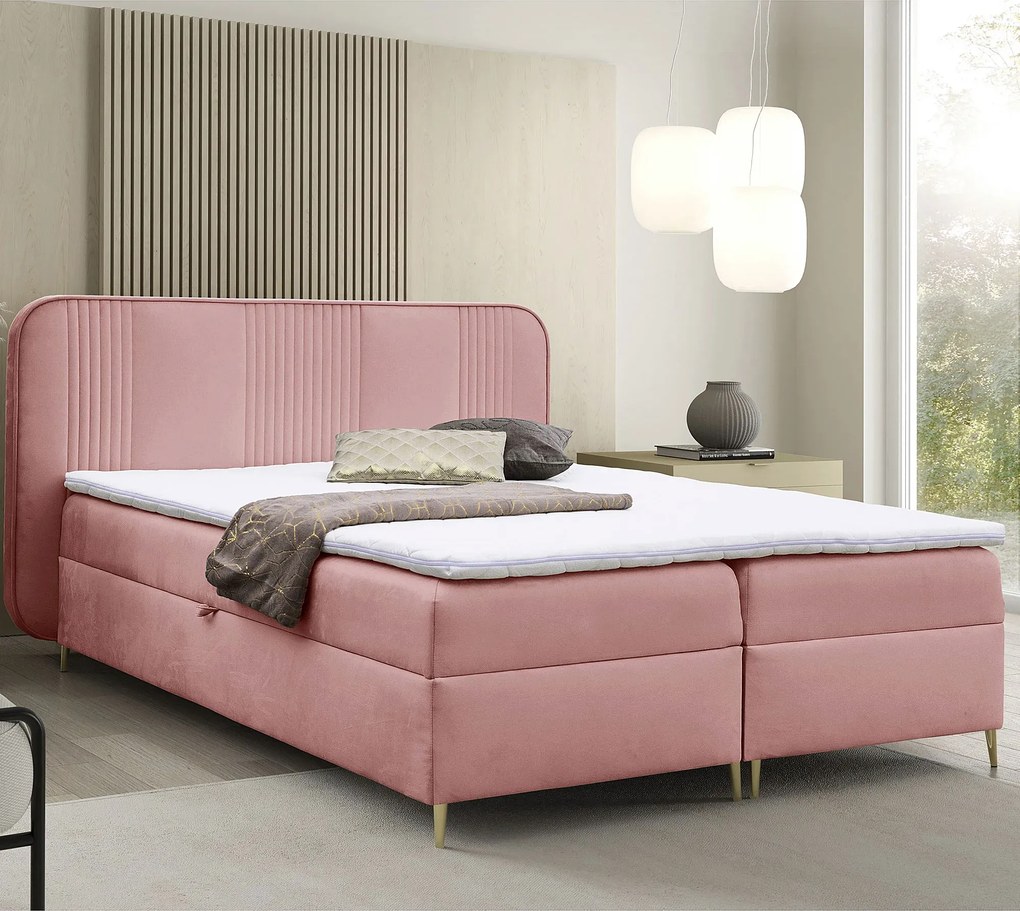Różowe łóżko kontynentalne tapicerowane welurem 4 rozmiary - Averell