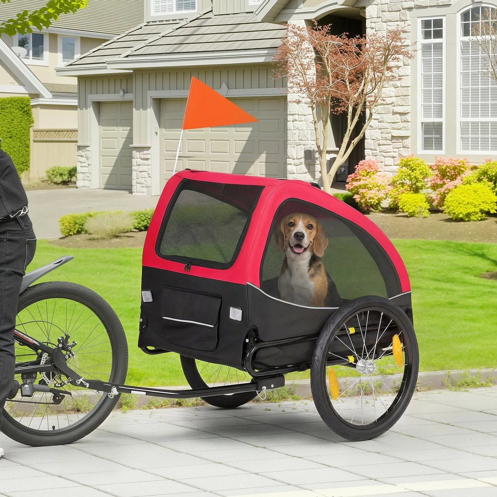 PawHut Przyczepka rowerowa składana z odblaskami oknami z siatki kołami drzwiami i chorągiewką, do 20 kg, 138x70x89 cm, czerwona | Aosom PL