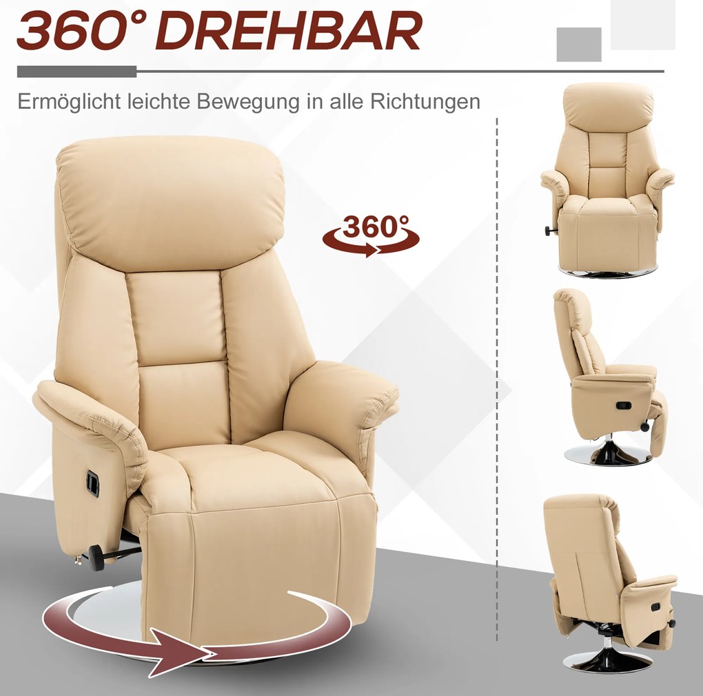 HOMCOM Fotel relaksacyjny z funkcją leżanki, obrotowy 360°, ekoskóra, beżowy, 78 x 80 x 109 cm, do 150 kg