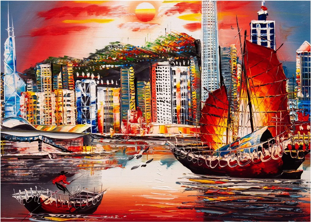 Obraz - Victoria Harbor, Hong Kong, obraz olejny (70x50 cm)