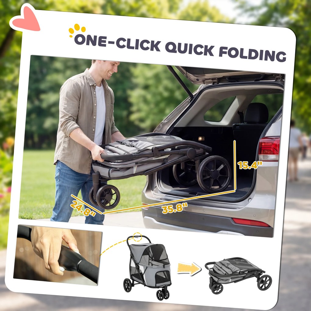 PawHut Wózek dla psa składany z zmywalną poduszką, oknami z siatki, 3 kołami, dla średnich psów do 20 kg, szary | Aosom PL