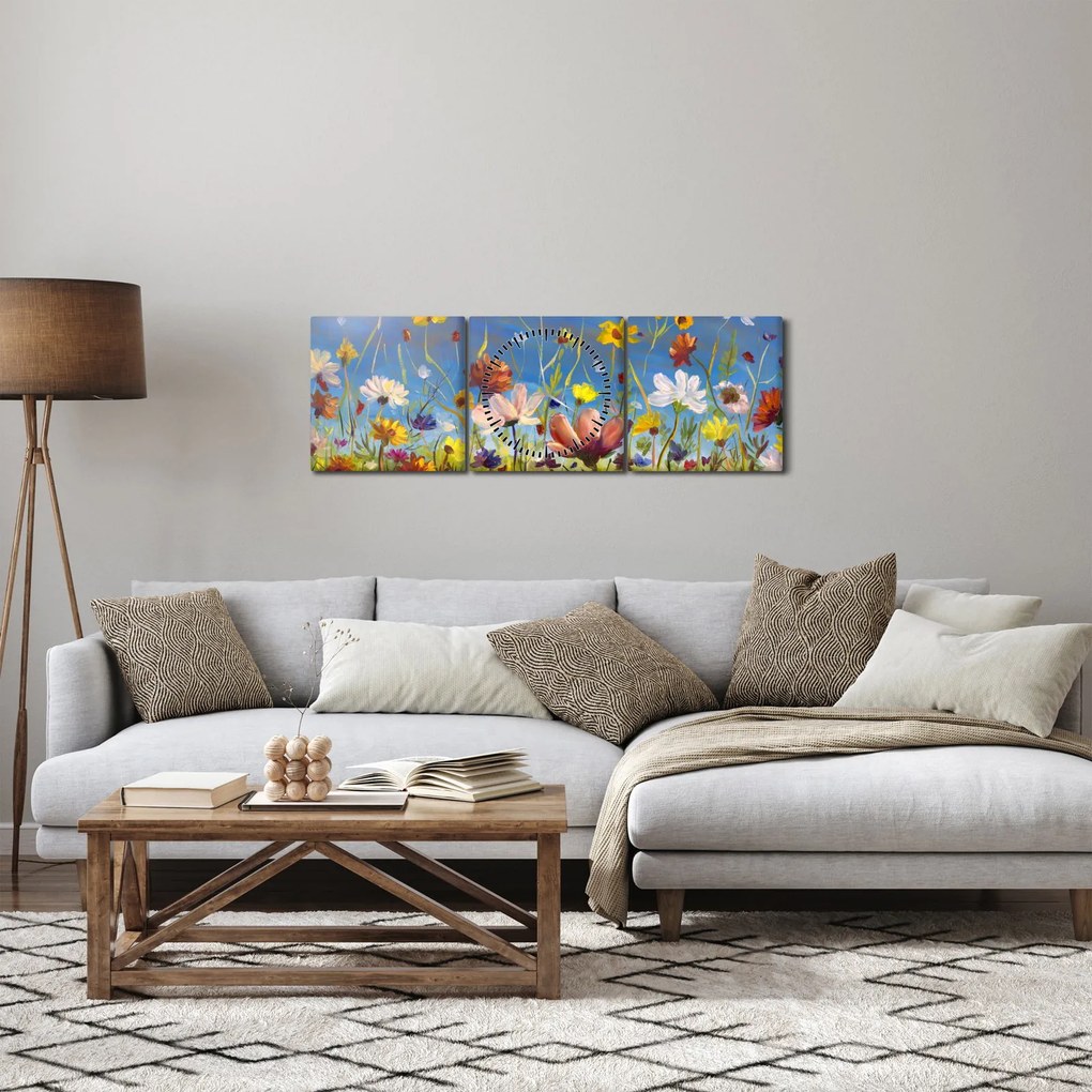 Malowany obraz kwitnącej łąki (z zegarem) (90x30 cm)